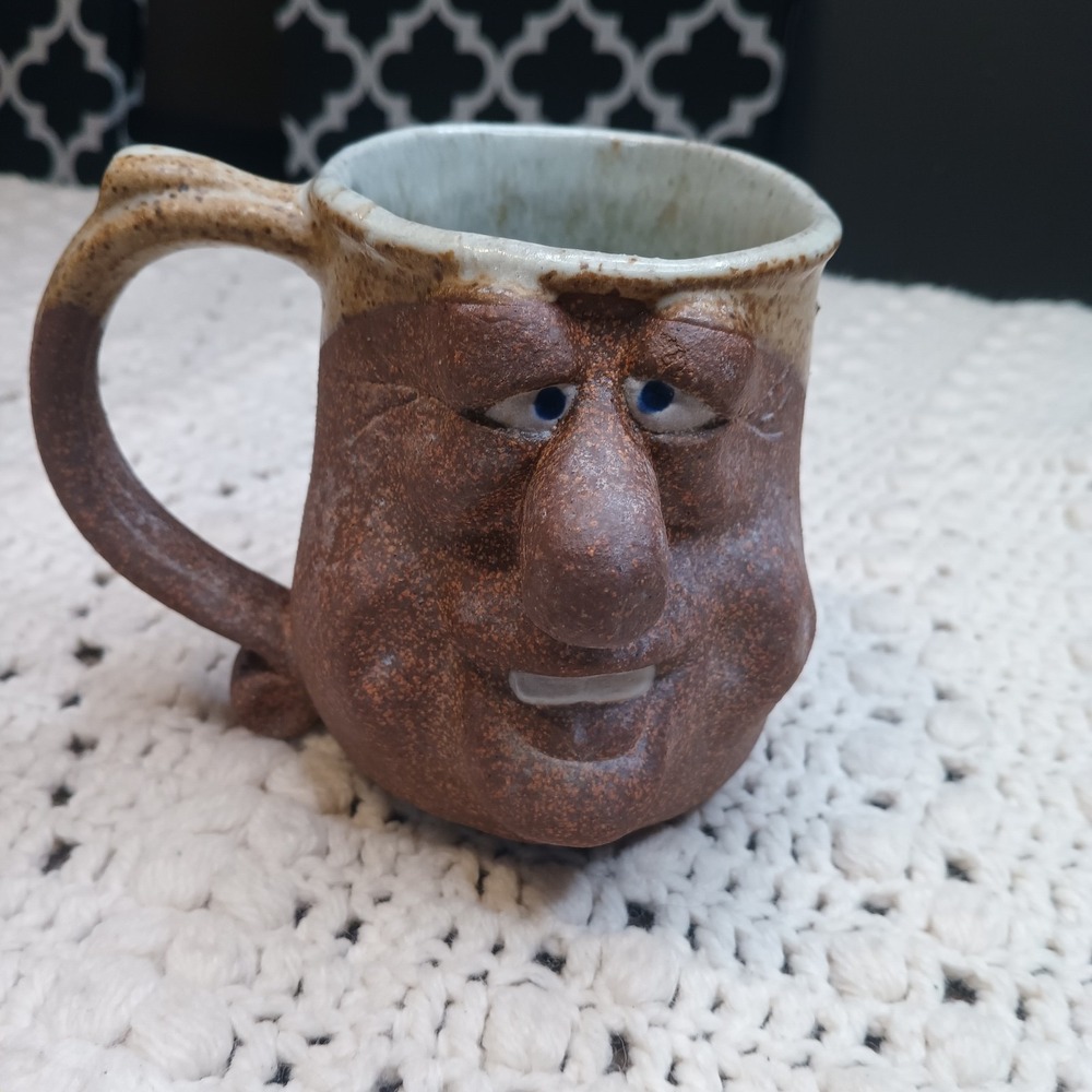 Studio Pottery Funny Ugly Face Coffee Mug Folk Art Glazed Silly Stoneware Gag
